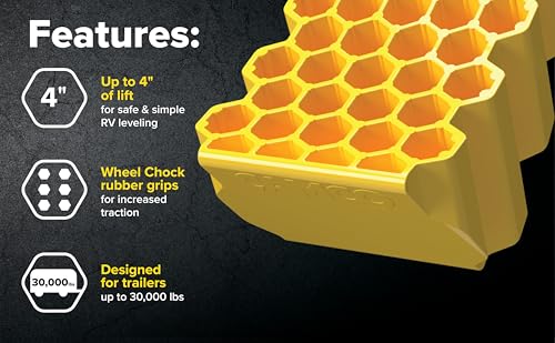 Camco Curved Camper/RV Leveler & Wheel Chock - Features Heavy Duty Honeycomb Design & Includes Non-Slip Rubber Grippers on Wheel Chock - Compatible w/Trailers Up to 30,000 lbs - 1-Pack (44423) | Honeycomb leveler with non-slip grippers; compatible with tr