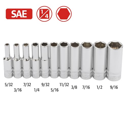 Ingersoll Rand 11 Pc. 1/4" Drive Deep Socket Set, SAE 6-Point, Chrome Vanadium Steel, 5/32"–9/16" with Storage Tray – 752046X - size: 1/4 in. Drive Deep Socket Set, style: SAE