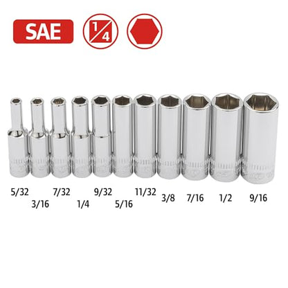 Ingersoll Rand 11 Pc. 1/4" Drive Deep Socket Set, SAE 6-Point, Chrome Vanadium Steel, 5/32"–9/16" with Storage Tray – 752046X - size: 1/4 in. Drive Deep Socket Set, style: SAE