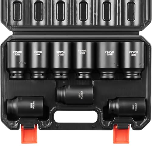 VEVOR 1/2" Drive Impact Socket Set, 9 Piece Deep Socket Set Metric 29-38mm, 6 Point Cr-Mo Spindle Axle Nut Impact Socket Set for Auto Repair,Easy-to- Read Size Markings, Includes Storage Case - style: 1/2" 9PCS CR-MO