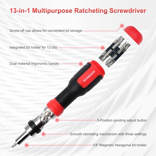 SHARDEN Ratcheting Screwdriver 13-in-1 Multibit Screwdriver All in One Screwdriver Set with Phillips, Flat Head, Torx Security, Hex, Robertson, 180 Degree Pivoting Adjustable Angled Screw Driver Set - color: Red