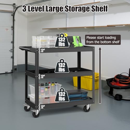 IRONMAX 3-Tier Utility Service Cart, 400 Lbs Heavy Duty Metal Rolling Trolley w/Ergonomic Flat Handle, Lockable 360° Swivel Wheels, Chic Mechanic Tool Cart for Garage Warehouse & Repair Shop - color: Black