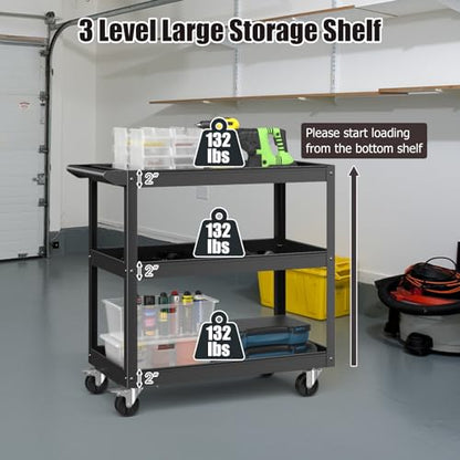 IRONMAX 3-Tier Utility Service Cart, 400 Lbs Heavy Duty Metal Rolling Trolley w/Ergonomic Flat Handle, Lockable 360° Swivel Wheels, Chic Mechanic Tool Cart for Garage Warehouse & Repair Shop - color: Black