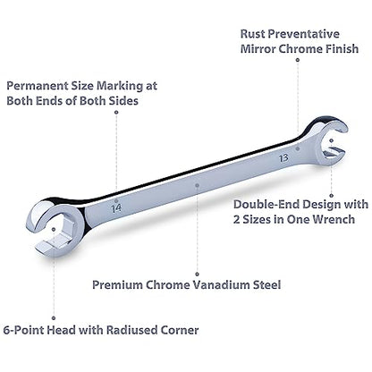 EFFICERE 6-Piece Double-End Metric Flare Nut Wrench Set with Rack, Size 9, 10, 11, 12, 13, 14, 15, 16, 17, 18, 19, 21mm | Cr-V Steel, 6-Point Head, Best Line Wrench for Fuel, Brake, Air Conditioning - size: Metric Set, 6-Piece