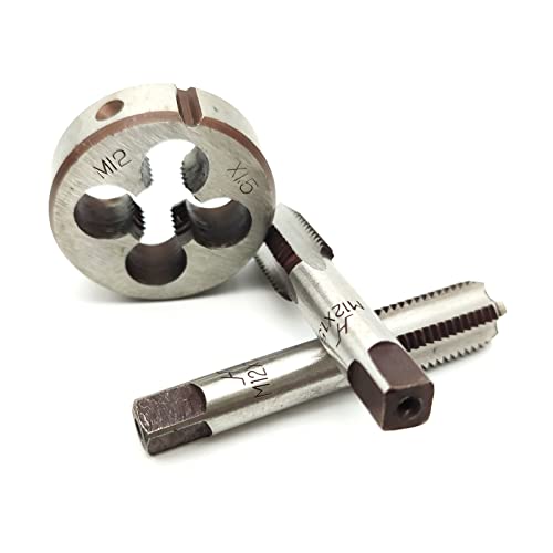 AtticZone M12 x 1.5 Metric Hand Thread Tap and Die Set, Right Hand 12 * 1.5, Alloy Tool Steel, 1 Taper Tap, 1 Plug Tap, 1 Round Die for Metal Working DIY Industrial - size: M12x1.5