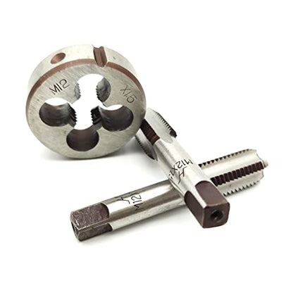 AtticZone M12 x 1.5 Metric Hand Thread Tap and Die Set, Right Hand 12 * 1.5, Alloy Tool Steel, 1 Taper Tap, 1 Plug Tap, 1 Round Die for Metal Working DIY Industrial - size: M12x1.5