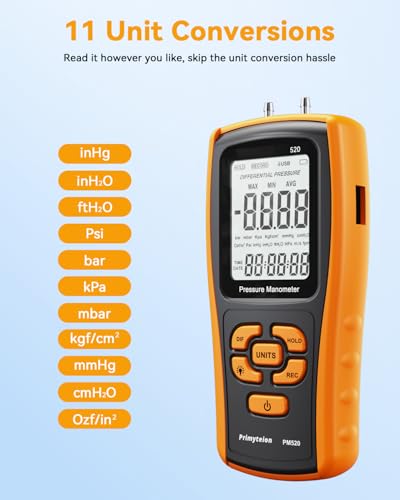Digital Manometer Gas Pressure Tester, Dual-Port Air Pressure Meter for HVAC, Furnace Ducts, Heater Gas Valve, Gas Furnace, Boilers, Air Pump, Evap Leaks