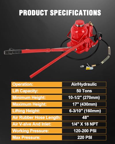 OCPTY Pneumatic Bottle Jack 50T Hydraulic Car Jack Lift Range 27-43cm Air Transmission Jack 11,0231 lbs for Handles Box Trucks, RVs, Pickups, and SUV