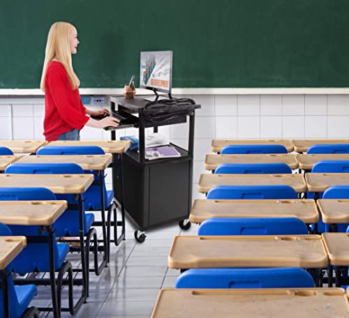 Line Leader Plastic AV Cart with Keyboard Tray and Locking Metal Cabinet, Heavy Duty Mobile Workstation with 4 Rolling Casters, 2 Locking Brakes, Heavy Duty, Holds up to 75 lbs (42 Inch w Cabinet) - color: Large 2 Shelves W/ Cabinet & Keyboard Tray