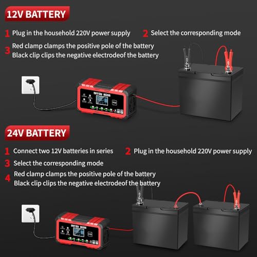 DATOUBOSS 12V 15A 24V 8A Battery Charger Automotive, Smart Portable Car Battery Charger Maintainer with Pulse Repair, Trickle Charger for LiFePO4 Lithium AGM Gel Lead-Acid Marine Boat RV Truck
