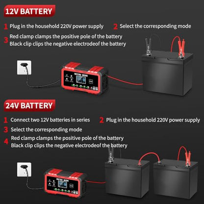 DATOUBOSS 12V 15A 24V 8A Battery Charger Automotive, Smart Portable Car Battery Charger Maintainer with Pulse Repair, Trickle Charger for LiFePO4 Lithium AGM Gel Lead-Acid Marine Boat RV Truck