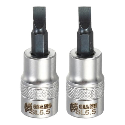 HARFINGTON 2Pcs Slotted Bit Socket 3/8" Drive SL5.5 S2 Steel Flat Head Screwdriver Drill Bits CR-V Steel Socket Adapter for Home Auto Axle Hex Nuts Bolts Repair - size: 3/8" Drive SL5.5