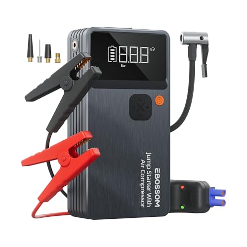 Car Battery Jump Starter with Air Compressor,44.4Wh Battery Jump Box with Tire Inflator,Jump Booster with Smart Jumper Cables,LED Light Emergency Car Kits for Vehicles,Arrancador Ae Batería - style: JC8 With Air Compressor 12000mAh