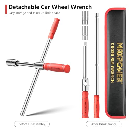 MAXPOWER Lug Wrench, Tire Wrench With 1/2-Inch Drive and 2PCS Standard Sockets (17 mm/19 mm, 21 mm/23 mm), Detachable Rapid Cross Lug Nut Wrench With Storage Box