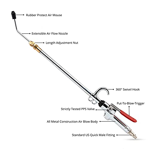NEIKO 31122A High Flow Air Blow Gun, 17-26 Inch Extensible Air Nozzle Blow Gun, Pneumatic Air Compressor Accessories, Blow Gun Air Tool, Operating Pressure 80-120 PSI, 360 Degree Swivel Hook - style: Pistol Type Air Blow Gun