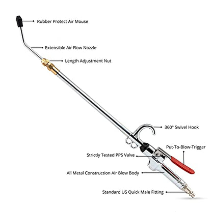 NEIKO 31122A High Flow Air Blow Gun, 17-26 Inch Extensible Air Nozzle Blow Gun, Pneumatic Air Compressor Accessories, Blow Gun Air Tool, Operating Pressure 80-120 PSI, 360 Degree Swivel Hook - style: Pistol Type Air Blow Gun