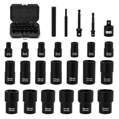 EMENTOL 25 Pieces Bolt Nut Extractor Set, 1/2" and 3/8" Drive Impact Lug Nut Remover Socket Tool, Wheel Lock Removal Kit for Removing Stripped Rusted Nuts/Damaged Nut or Bolt/Locknuts