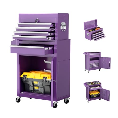 Oakcloud Heavy-Duty 5-Drawer Rolling Tool Chest & Cabinet Combo with Black Liner – Lockable Steel Garage Tool Box on Wheels – Detachable Top Toolbox & Bottom Storage Cart with Side Hooks, Purple - color: Purple, size: 5-drawer