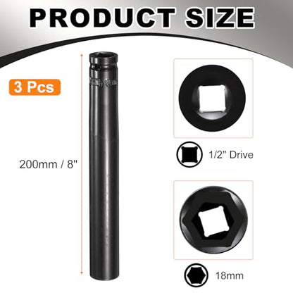 HARFINGTON 3pcs 6-Point Deep Impact Socket 1/2" Drive 18mm Metric Socket 8" (200mm) Extra Long Heat-Treated 45# Steel for Home Auto Spindle Axle Hex Nuts Bolts Repair, Black - size: 18mm + 8" Long