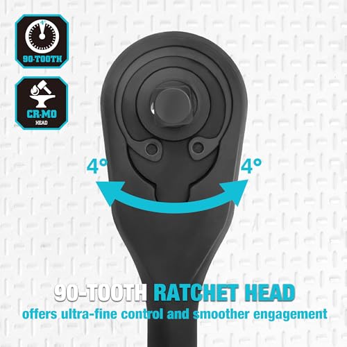 DURATECH Extra Long Handle 3/8-Inch Drive Ratchet, 90-Tooth Ratchet Wrench | Socket Wrench with 12" Handle and Dust Proof Teardrop Enclosed CR-MO Head, Reversible, CR-V Made, Black Mn Phosphate Finish - size: 3/8" with 12" handle