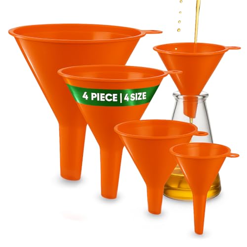 Oil Funnel Set (Orange, 4-Pack) - Plastic Funnels for Automotive Use - Funnels for Kitchen Use Filling Bottles and containers – Funnel for Water Bottles, Gas, Car Oil, Lubricants and Fluids - color: Orange