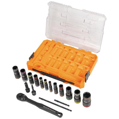 Klein Tools 65626 KNECT Deep Well Impact Socket Set, 3/8-Inch Drive Ratchet, 24 SAE and Metric Flip Socket Sizes, MODbox Case - style: 24-Piece Metric & SAE Set