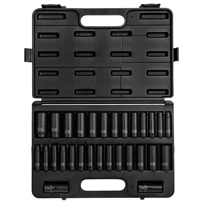 SUNEX TOOLS 5153DD, 1/2 Inch Drive Master Impact Socket Set, Double Deep, 29-Piece, SAE/Metric, 7/16"-1-1/4", 10mm-27mm, Cr-Mo Steel, Radius Corner Design, Dual Size Markings, Heavy Duty Storage Case
