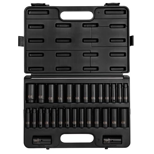 SUNEX TOOLS 5153DD, 1/2 Inch Drive Master Impact Socket Set, Double Deep, 29-Piece, SAE/Metric, 7/16"-1-1/4", 10mm-27mm, Cr-Mo Steel, Radius Corner Design, Dual Size Markings, Heavy Duty Storage Case