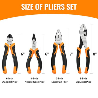 DESHIL 4-Piece Carbon Steel Pliers Set, 8-Inch Slip-Joint, 7-Inch Lineman's, 6-Inch Needle-Nose and 6-Inch Diagonal-Cutting Pliers with Non-Slip Handles for DIY, Automotive and Home Repairs