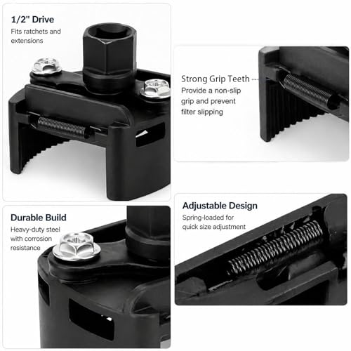 Universal Adjustable Oil Filter Wrench– 2-3/8 to 3-1/8 Inch (60-80mm) - 1/2'' Drive Cap Style Oil Filter Removal Tool, Fits Small to Medium Spin-on Filters, UTVs, JetSkis