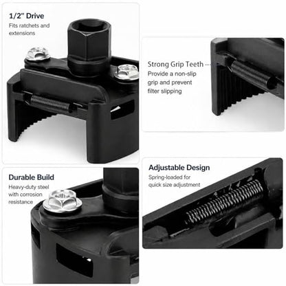 Universal Adjustable Oil Filter Wrench– 2-3/8 to 3-1/8 Inch (60-80mm) - 1/2'' Drive Cap Style Oil Filter Removal Tool, Fits Small to Medium Spin-on Filters, UTVs, JetSkis