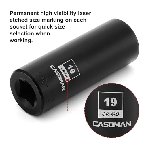 CASOMAN 1/2-Inch Drive x 19mm Deep Impact Socket, 6-Point, Metric, CR-MO - size: 19 mm (Deep), style: 6-Point Socket