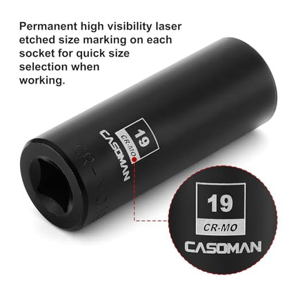 CASOMAN 1/2-Inch Drive x 19mm Deep Impact Socket, 6-Point, Metric, CR-MO - size: 19 mm (Deep), style: 6-Point Socket