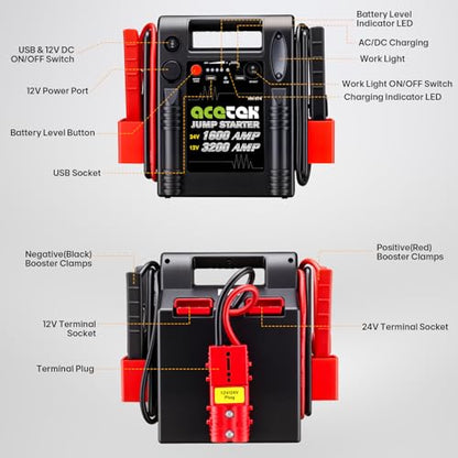 24V / 12V Jump Starter, acetek 1600/3200 Peak Amp Battery Jump Starter for Truck Car Tractor Excavator, Heavy Duty Jump Box Battery Pack with USB and DC Output