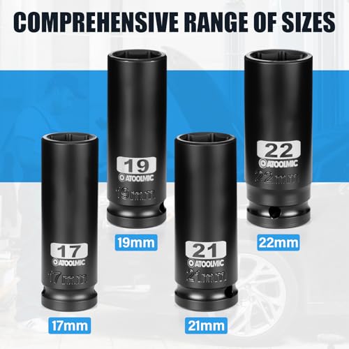 4 PCS Metric Impact Socket Set 1/2" Square Drive,Deep 17mm,19mm,21mm,22mm Allen Sockets,CR-MO Alloy Steel,6 Point Radius Corner Design,Rugged Construction,With Storage Red Case - size: 1/2" Metric 4pc