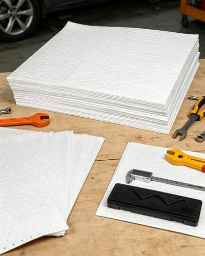 Oil Absorbing Mats, 50Pcs White Heavy Weight Oil-Only Absorbent Mat Pad,15" x 20" Spill Absorbent Pad for Automotive & Workshop(Only Oil Absorbent Pads)