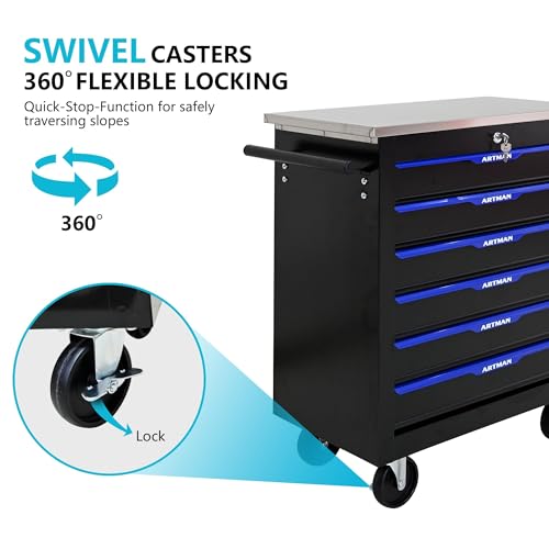 6 Drawer Heavy Duty Rolling Tool Chest, Mobile Metal Lockable Tool Cart with Stainless Steel Worktop, Garage Tool Storage Cabinet for Workshop Auto Repair, Black & Blue, 30.7" H × 25.9" W - size: 6 Drawers