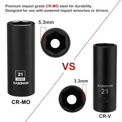 CASOMAN 1/2-Inch Drive x 21mm Deep Impact Socket, 6-Point, Metric, CR-MO - size: 21 mm (Deep), style: 6-Point Socket