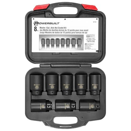 Powerbuilt 8 Piece 1/2-in. Drive Impact Rated Metric Axle Nut Socket Set 12 Point, 29mm-39mm, Heavy Duty Storage Case - 647752 - style: Axle Nut
