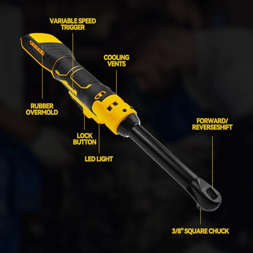 3/8" Extended Cordless Ratchet Wrench for Dewalt 20V Series Batteries, 320 RPM, 80 N.m Electric Power Ratchet Wrench,Built-in LED Light, Extended 6-inch Long Neck