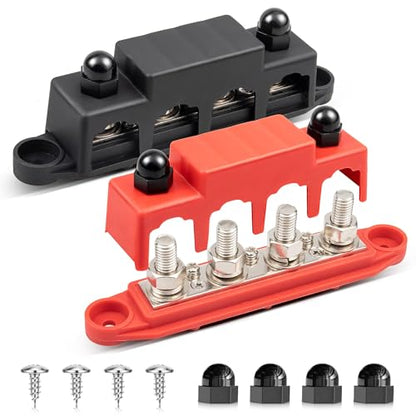 RED WOLF Bar Bus 4 x 3/8" Power Distribution Block, 3 x #8(M4) Screws Terminals Max 48V 150A Power Distribution Block Battery Buss Bar with Cover for Marine Automotive Solar Wiring