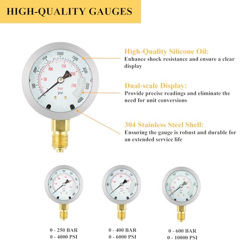 Hydraulic Pressure Test Kit, 3 Gauges(/4000/6000/10000 PSI) & 8 Test Couplings & 1 Quick Connector & 3 Test Hoses, Hydraulic Pressure Gauges, for Excavator, Construction, Machinery