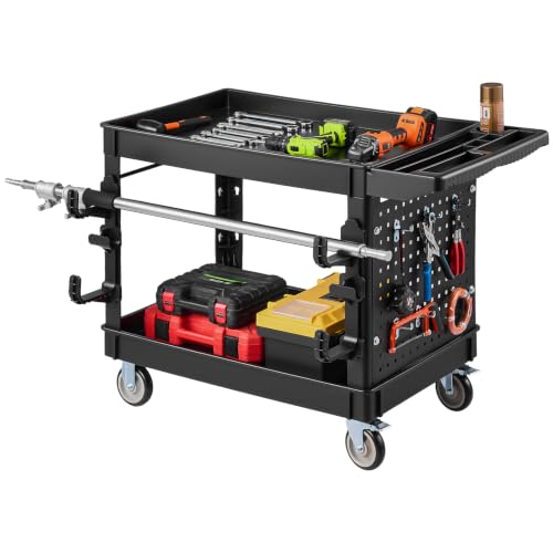 VEVOR Utility Cart with Tray & Pegboard, 44.8 x 24in 2 Tier Service Cart with 360° Swivel & Fixed Wheels (2 Brakes), 550 LBS Work Cart Tub Storage W/Deep Shelves, Tool Storage for Garage Warehouse - size: 44.8 × 24 × 33 in