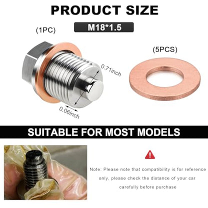 Wevdn Magnetic Oil Drain Plug, Aluminum M18×1.5 Sump Drain Nut Bolt with 5 PCS Copper Crush Washer, Universal Oil Drain Plug Replacement for Most Cars Motorcycles, Car Accessories - color: M18×1.5