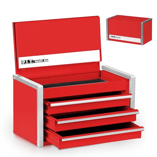 P.I.T. Mini Tool Box 8.6"W X 4.6"D, Portable 3 Drawer Steel Stackable Red Tool Box with Magnetic Tab Locking, Red Micro Top Chest with Liner for Tools Storage and Organizers, Home DIY - color: Red, size: 3-Drawer