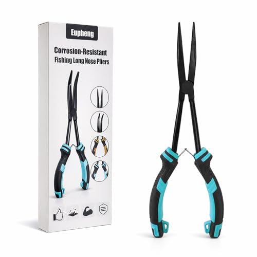 EUPHENG 11in Fishing Long Nose Pliers Carbon Steel Corrosion Resistant PTFE Coated Hook Remover Saltwater & Freshwater with Return Spring Needle Nose Pliers Straight & Bent Jaws for Bass Snook Trout - color: Blue （Straight Nose）