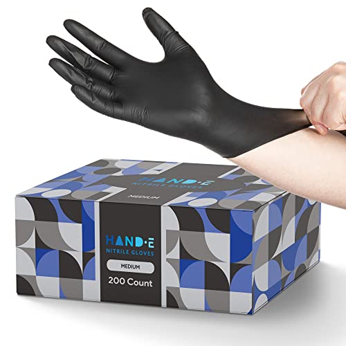 Hand-E Touch Black Nitrile Disposable Latex Free & Powder Free Gloves - 200 Count, Medium - BBQ, Tattoo, Hair Dye, Cooking & Mechanic Gloves - style: Medium