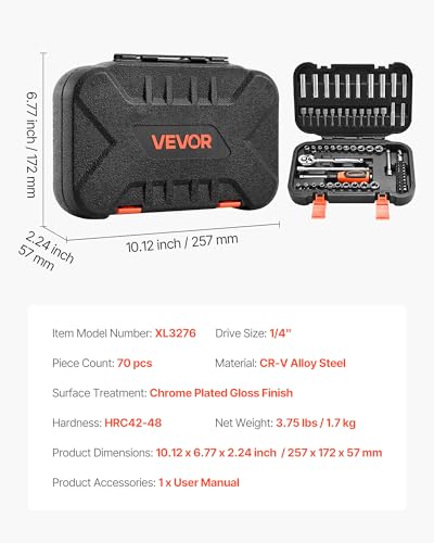 VEVOR Socket Set, 70 Pieces, 1/4 inch Drive Socket and Ratchet Set, SAE and Metric, Deep and Shallow, Mechanic Tool Kit with Bits, Accessories and Storage Case, CR-V Alloy Steel, for Automotive Repair - size: 1/4", style: 70 PCS
