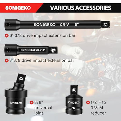 48-Piece 3/8" Drive Impact Socket Set, Standard SAE (5/16 to 3/4 inch) and Metric (8-22mm) Size, 3" and 6" Drive Extension Bar, Impact Universal Joint, 3/8" to 1/2" Impact Adaptor, CR-V Steel - size: 48 PCS, 3/8" Socket Set, Metric & SAE