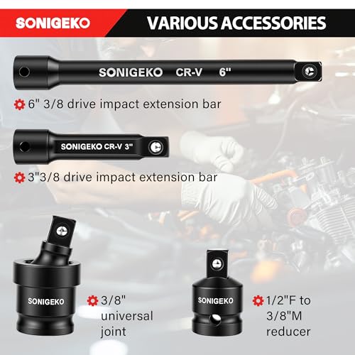 48-Piece 3/8" Drive Impact Socket Set CR-V Steel | SAE (5/16 to 3/4 inch) and Metric (8-22mm) Size, 3" and 6" Drive Extension Bar, Universal Joint, 3/8" to 1/2" Impact Adaptor - size: 48 PCS, 3/8" Socket Set, Metric & SAE